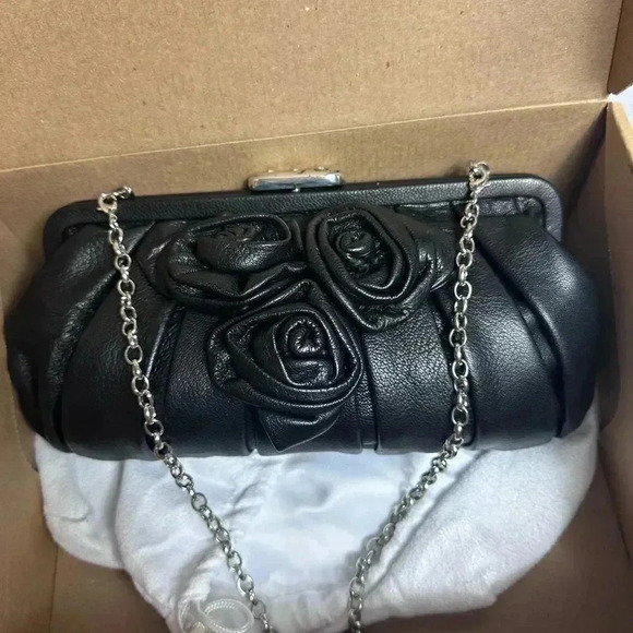 Brighton Black Rose Leather Bag with gold chain - box and dust bag - Picture 2 of 11